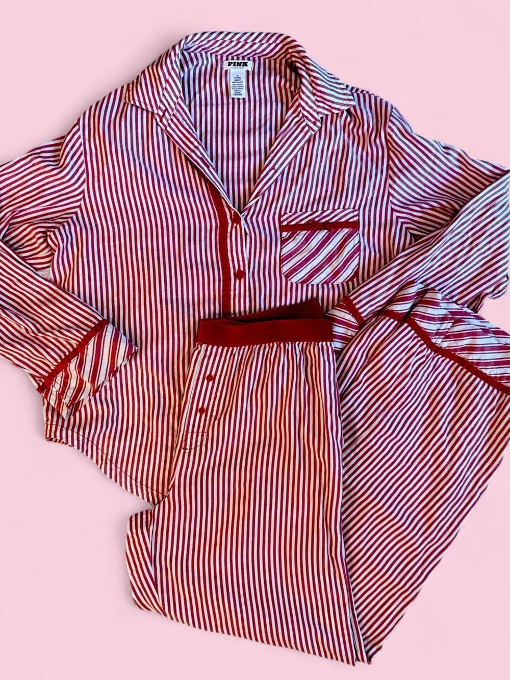 PINK Victoria's Secret Red & White Striped Two-Piece Pajama Set